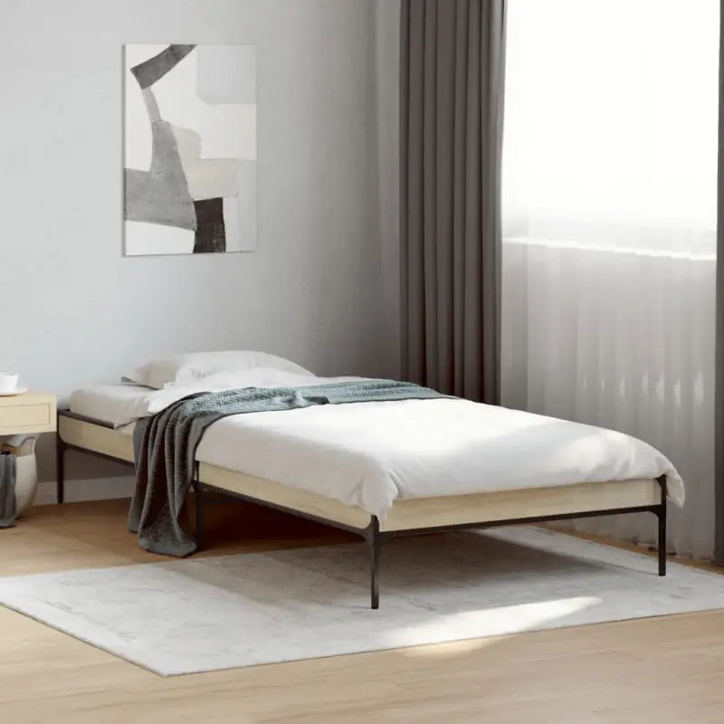 Bedframe met metalen poten en multiplex lattenbodem van bewerkt hout - Sonoma eiken / 100 x 200 cm / 30 cm - Bedden &