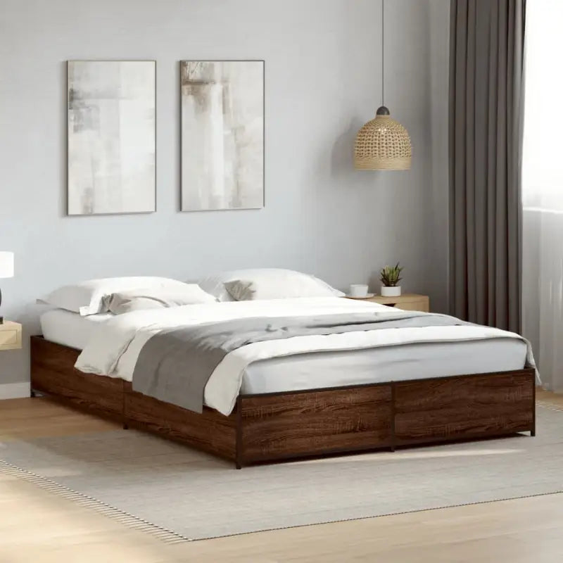 Bedframe met metalen poten en multiplex lattenbodem van bewerkt hout - bruin eikenkleur / 120 x 200 cm / 29 cm - Bedden