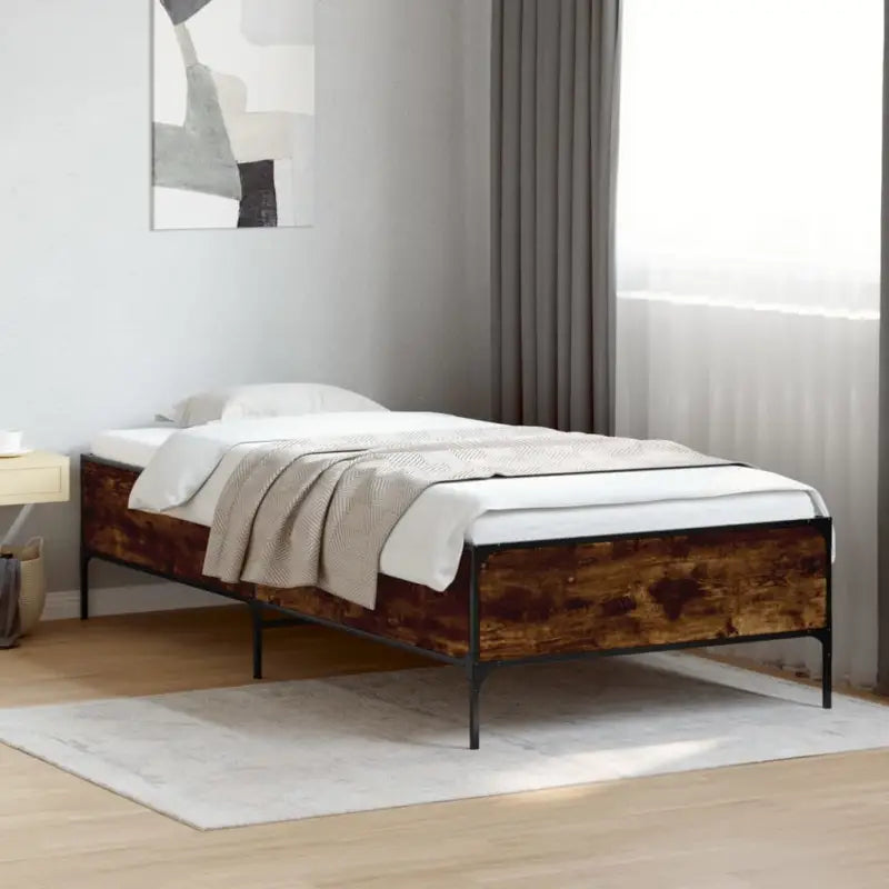 Bedframe met metalen poten en multiplex lattenbodem van bewerkt hout - Gerookt eiken / 75 x 190 cm / 44 cm - Bedden &