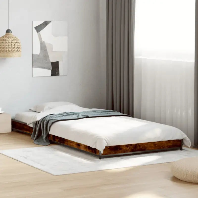 Bedframe met metalen poten en multiplex lattenbodem van bewerkt hout - Gerookt eiken / 90 x 190 cm / 14.5 cm - Bedden &