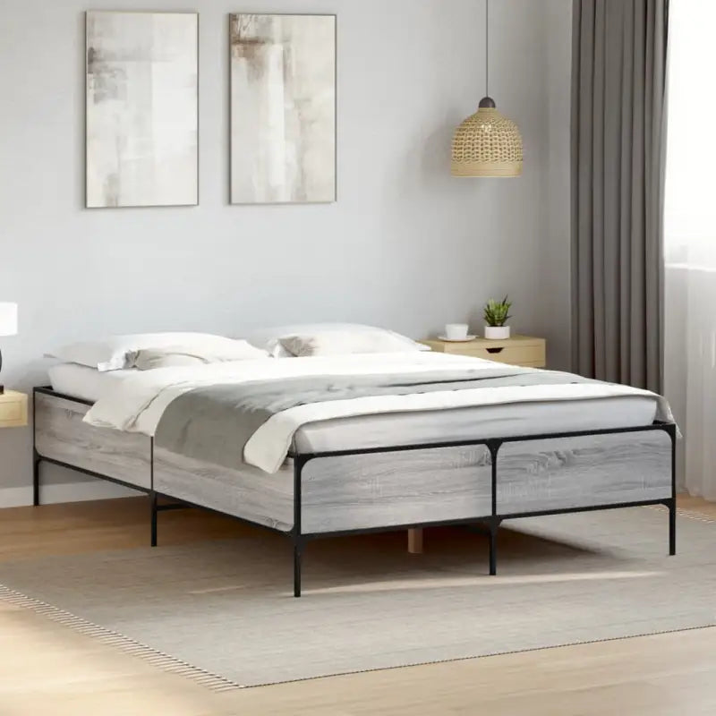 Bedframe met metalen poten en multiplex lattenbodem van bewerkt hout - Grijs sonoma / 140 x 200 cm / 44 cm - Bedden &