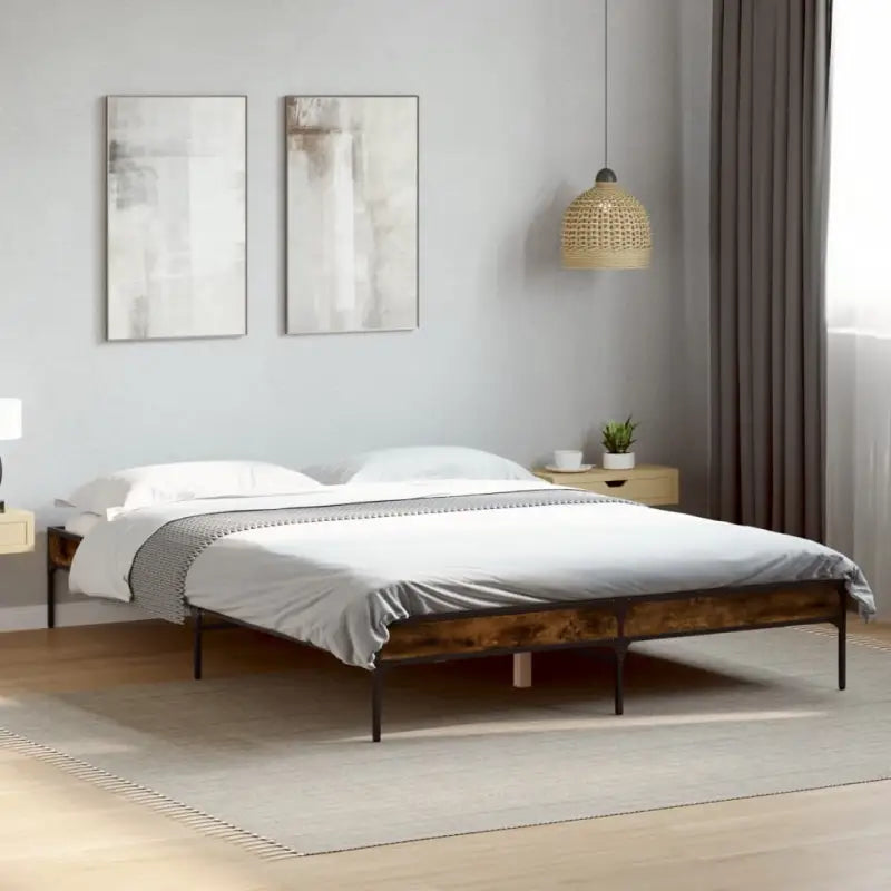Bedframe met metalen poten en multiplex lattenbodem van bewerkt hout - Gerookt eiken / 120 x 200 cm / 30 cm - Bedden &