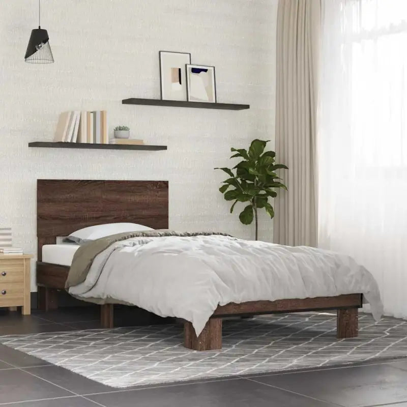 Bedframe met multiplex lattenbodem en bewerkt hout voor een goede nachtrust - bruin eikenkleur / 90 x 190 cm - Bedden &