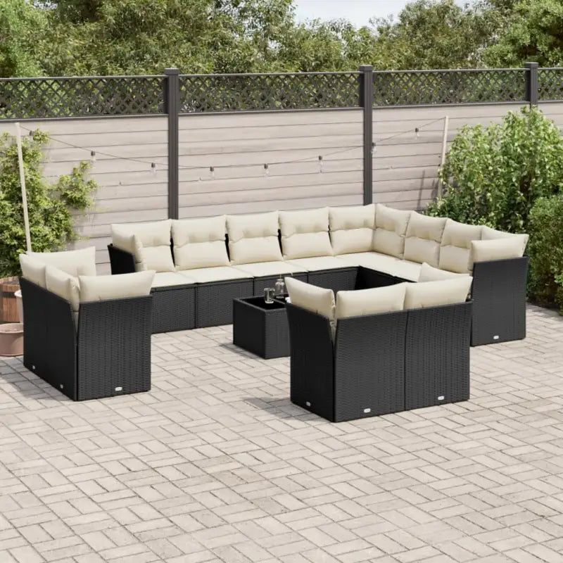 Beige materiaal loungeset met poly rattan en gepoedercoat staal - Zwart en crème / Met tafel - Tuinsets