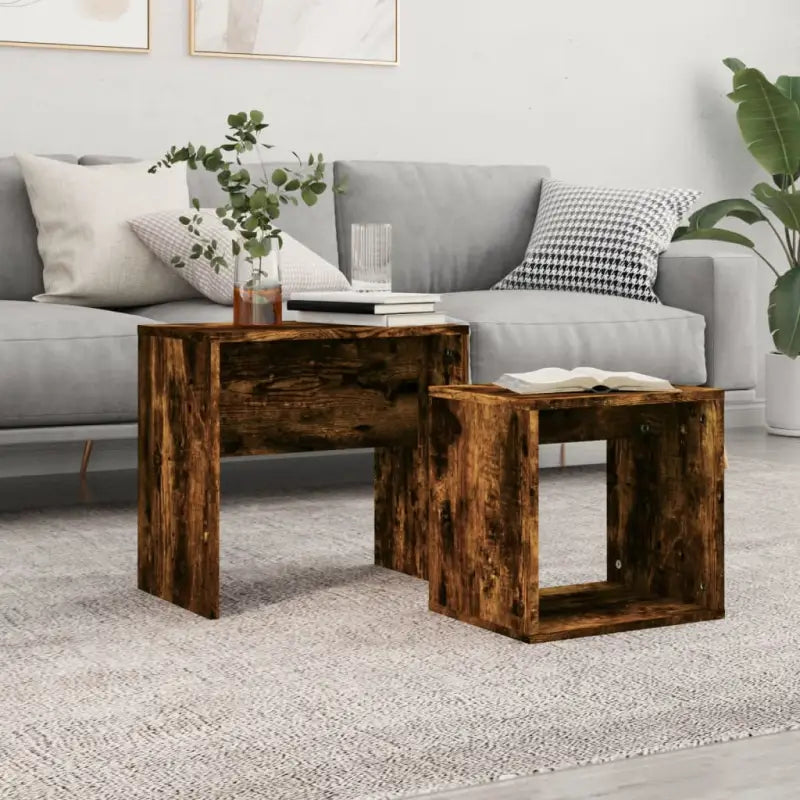 Bewerk hout kleine salontafels set voor kleine ruimtes - Gerookt eiken / 1 - Salontafels