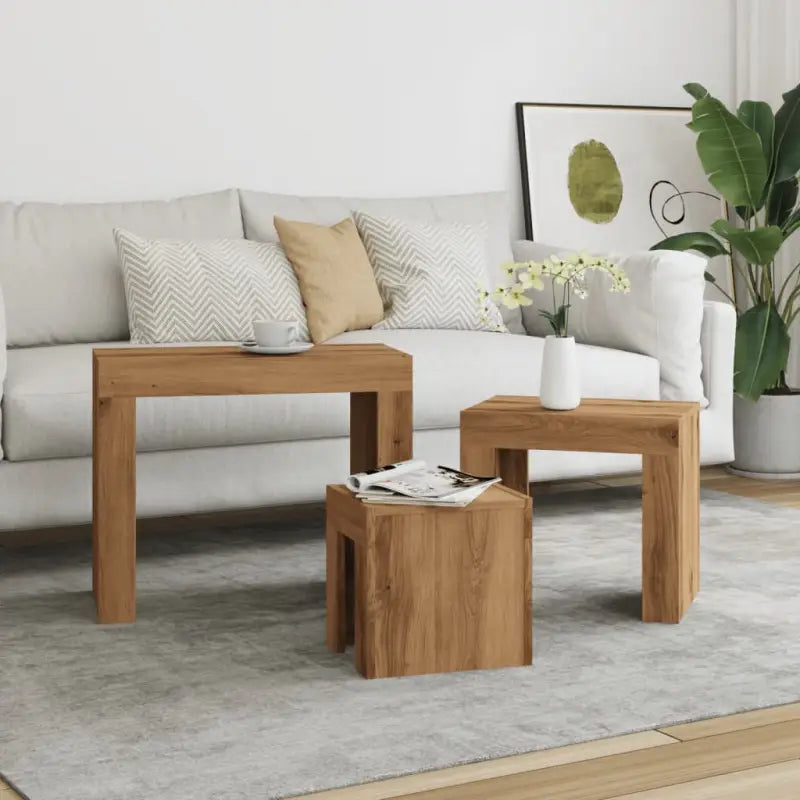 Bewerk hout salontafelset met grote en kleine tafels voor beperkte ruimte - Salontafels