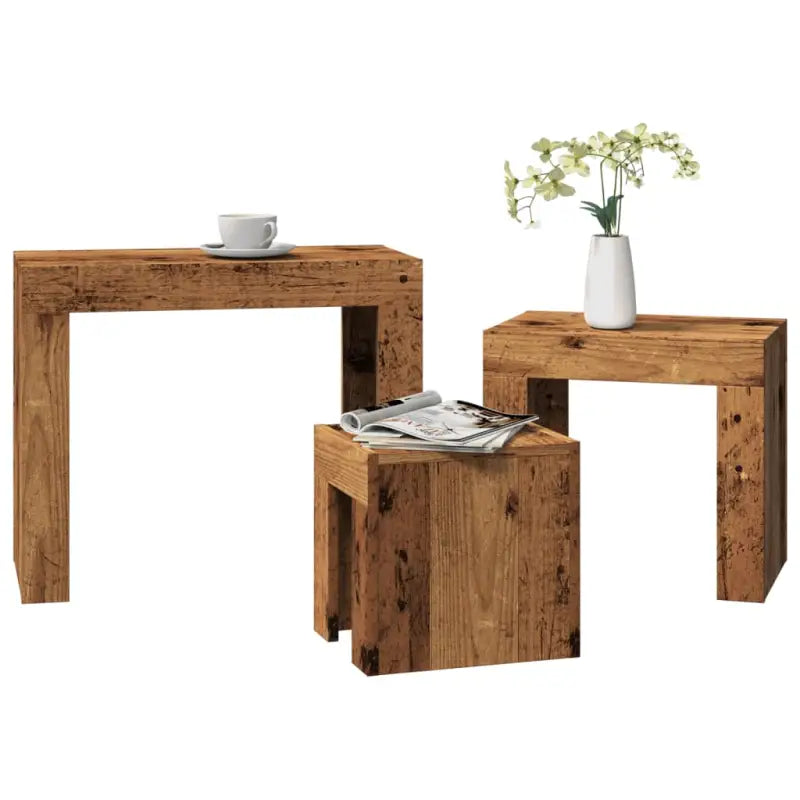 Bewerk hout salontafelset met grote en kleine tafels voor beperkte ruimte - Oud hout / 3 - Salontafels