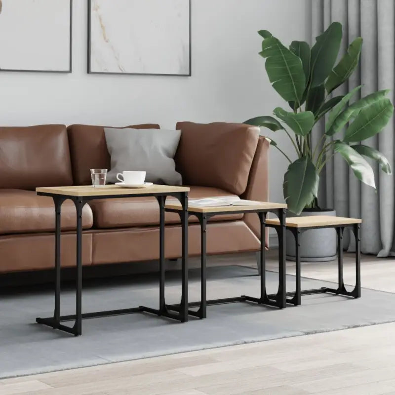 Bewerkt hout salontafelset met metalen frame voor kleine ruimtes - Sonoma eiken / 1 - Salontafels