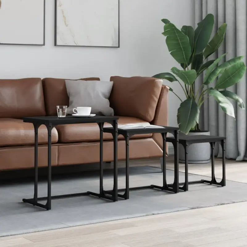 Bewerkt hout salontafelset met metalen frame voor kleine ruimtes - Zwart / 1 - Salontafels