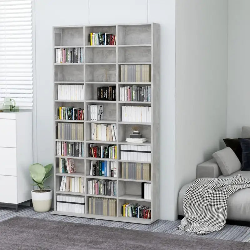 Bewerkte hout cd en dvd kast met open vakken voor je muziekcollectie - Betongrijs / 102 x 16 x 177.5 cm / 1 - Cd- &
