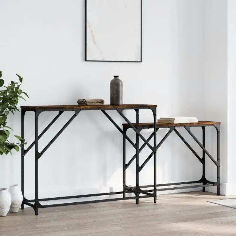 Bewerkte hout wandtafels met metalen frame voor elegante interieurdecoratie - Gerookt eiken / 1 - Bijzettafels