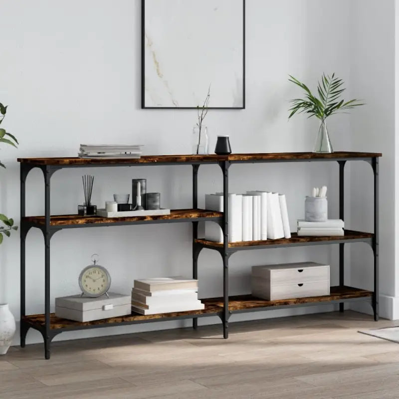 Bijzettafel met bewerkt hout en metalen frame met verstelbare poten - Gerookt eiken / 1 / 160 cm - Bijzettafels