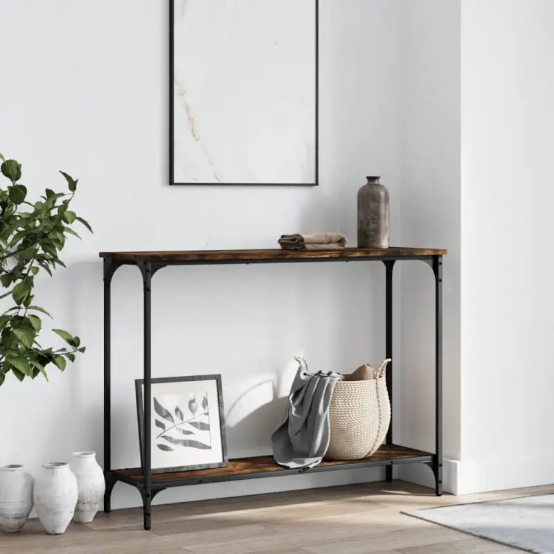 Bijzettafel met bewerkt hout en metalen frame met verstelbare poten - Gerookt eiken / 1 / 101 cm - Bijzettafels