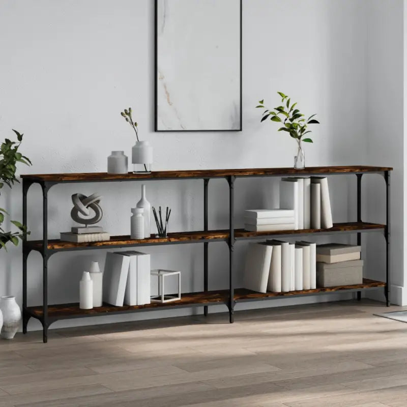 Bijzettafel met bewerkt hout en metalen frame met verstelbare poten - Gerookt eiken / 1 / 200 cm - Bijzettafels