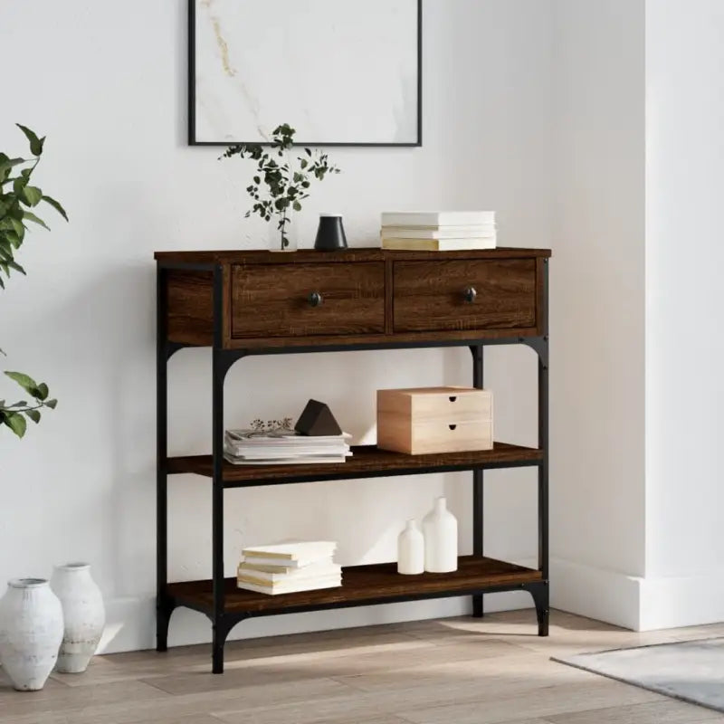 Bijzettafel met bewerkt hout en metalen frame met verstelbare poten - bruin eikenkleur / 1 / 72.5 cm - Bijzettafels