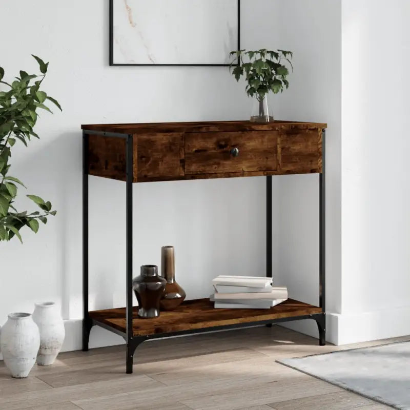 Bijzettafel met bewerkt hout en metalen frame voor elegante ruimtes - Gerookt eiken / 1 / 75 cm - Bijzettafels