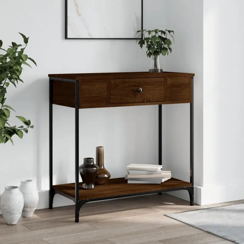 Bijzettafel met bewerkt hout en metalen frame voor elegante ruimtes - bruin eikenkleur / 1 / 75 cm - Bijzettafels