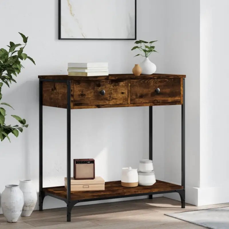 Bijzettafel met bewerkt hout en verstelbare poten met metalen frame - Gerookt eiken / 1 / 75 cm - Bijzettafels