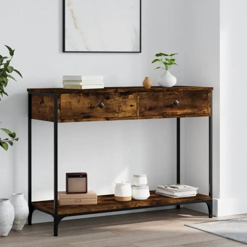 Bijzettafel met bewerkt hout en verstelbare poten met metalen frame - Gerookt eiken / 1 / 100 cm - Bijzettafels