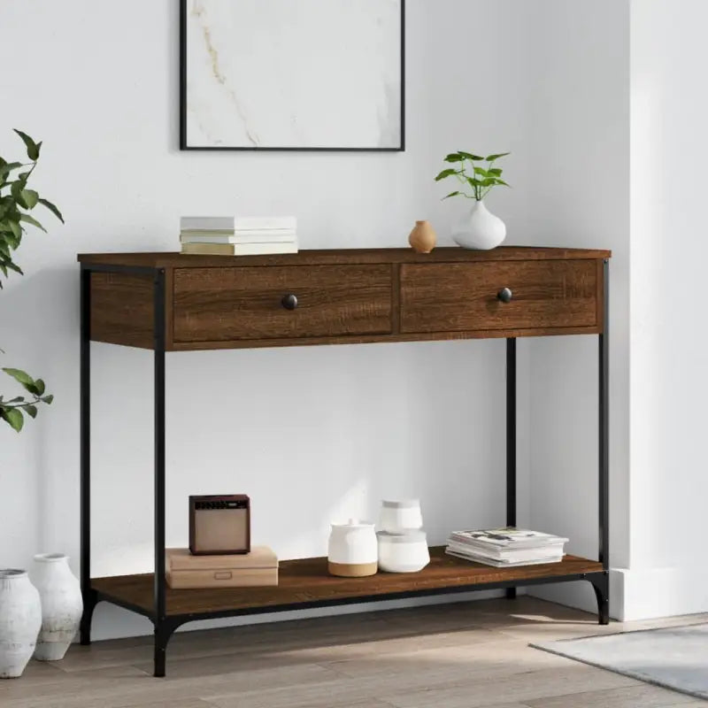 Bijzettafel met bewerkt hout en verstelbare poten met metalen frame - bruin eikenkleur / 1 / 100 cm - Bijzettafels