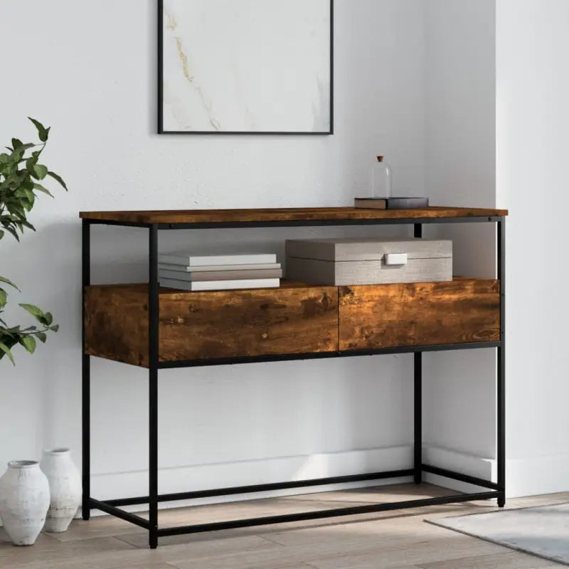 Bijzettafel wandmodel met bewerkt hout en metalen frame - Gerookt eiken / 1 / 100 cm - Bijzettafels