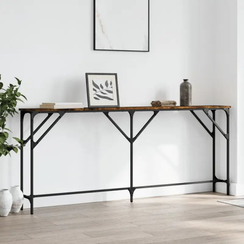 Bijzettafels met bewerkt hout en metalen frame voor elegante interieurs - Gerookt eiken / 180 x 23 x 75 cm / 1