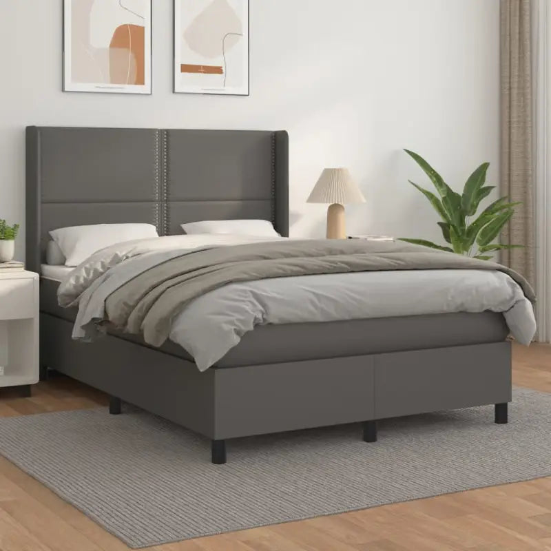 Boxspringbed met hoogwaardig kunstleer en comfortabele schuim afmetingen - Grijs / 140 x 190 cm / Effen met spijkers