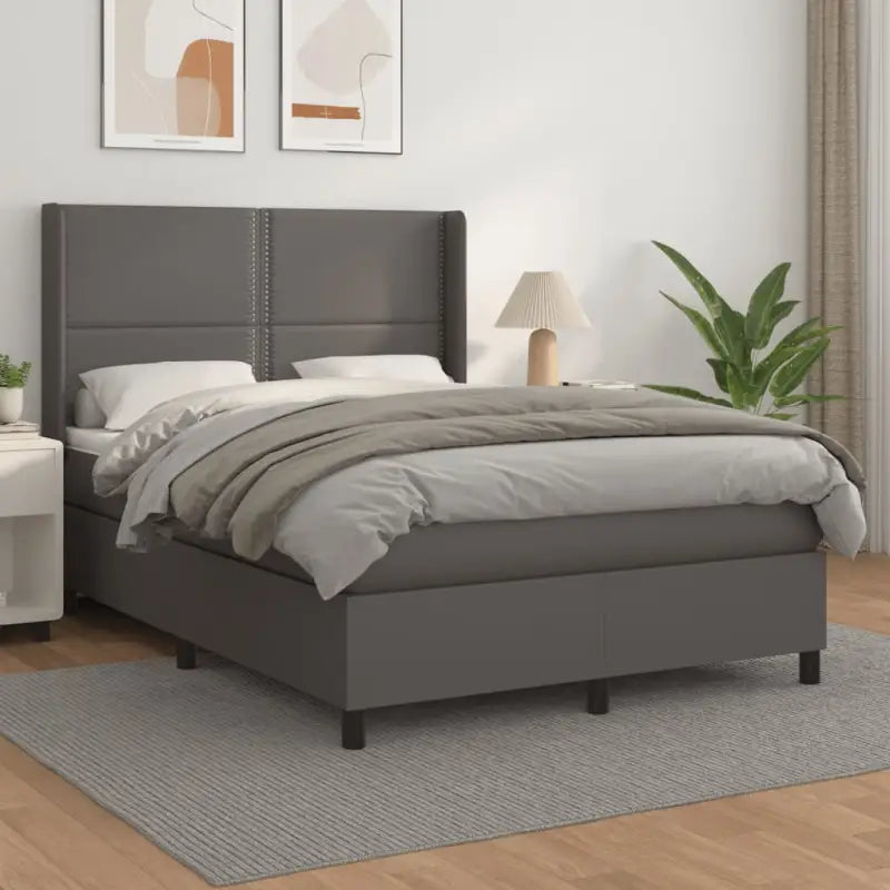 Boxspringbed met hoogwaardig kunstleer en wit materiaal voor rustslaap - Grijs / 140 x 200 cm / Effen met spijkers