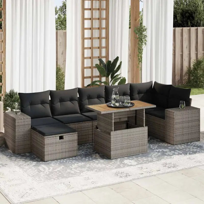Bredeluik loungeset met beige materiaal en gepoedercoat staal - Grijs / Tafel + 3x hoek + 3x midden + voetensteun
