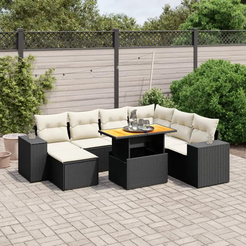 Bredeluik loungeset met beige materiaal en gepoedercoat staal - Zwart en crème / 3x hoek + 3x midden + voetensteun