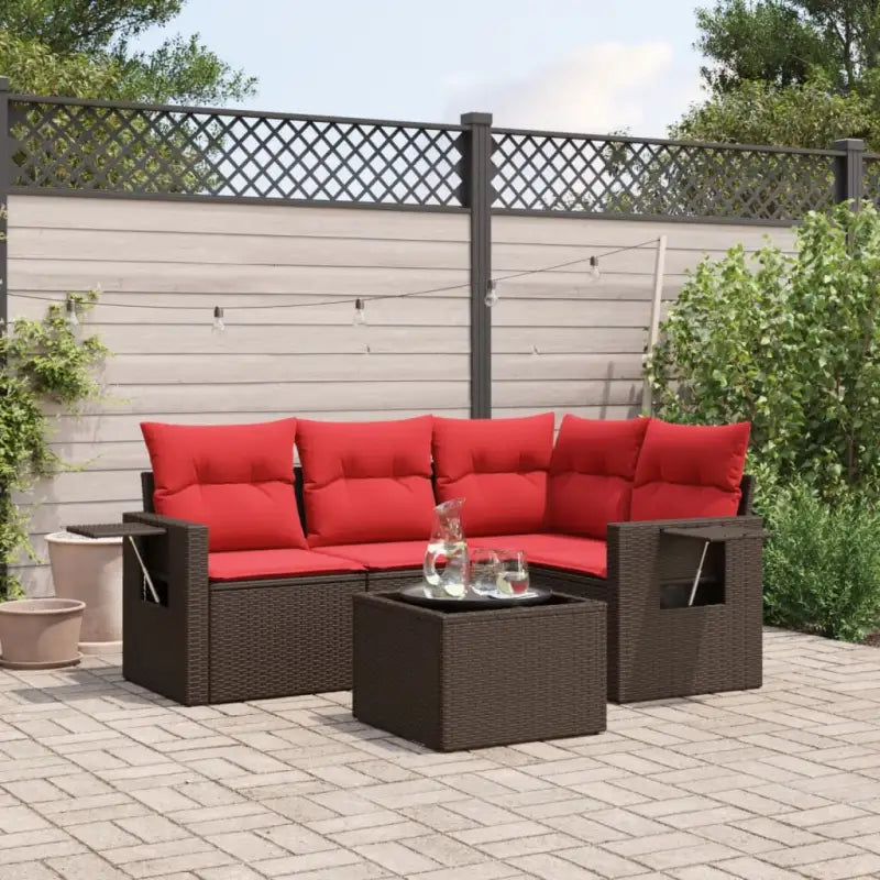 Bruine loungeset met gepoedercoat staal en waterdichte tas voor buiten - Bruin en rood / Met tafel - Tuinsets
