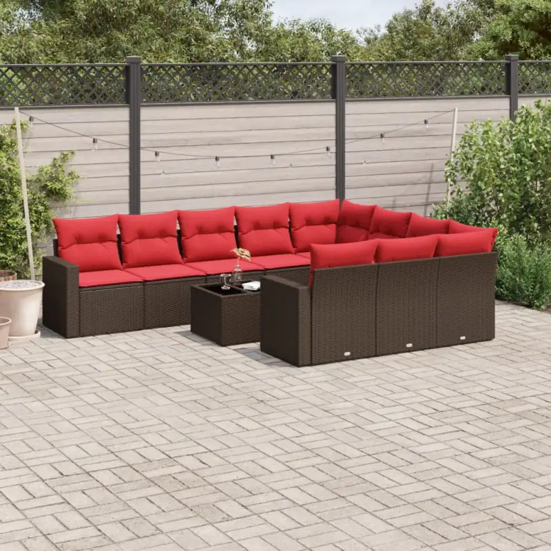 Bruine loungeset van gepoedercoat staal met comfortabele afmetingen - Bruin en rood / Met tafel - Tuinsets