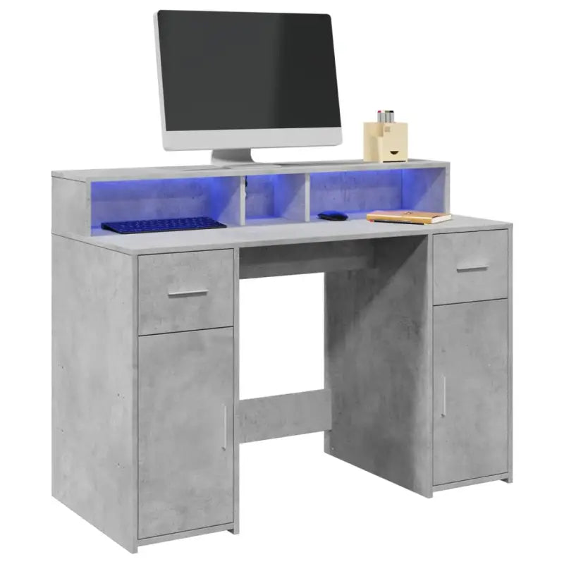 Bureau van bewerkt hout met opbergruimte en LED-verlichting - Betongrijs / 120 x 55 x 91 cm - Bureaus