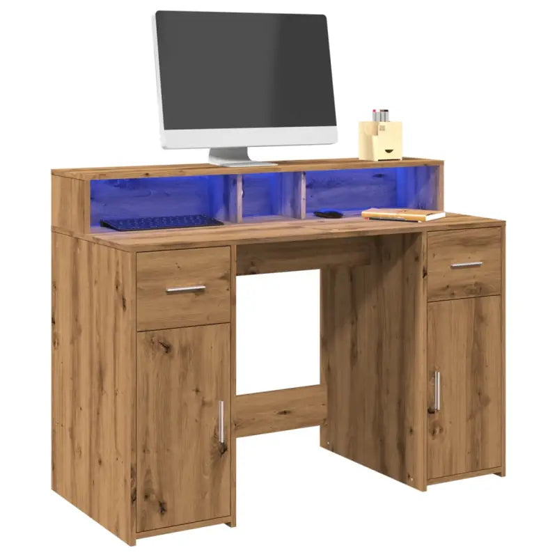 Bureau van bewerkt hout met opbergruimte en LED-verlichting - artisian oak / 120 x 55 x 91 cm - Bureaus