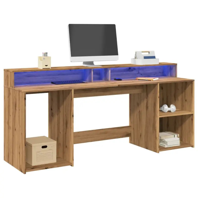 Bureau van bewerkt hout met opbergruimte en LED-verlichting - artisian oak / 200 x 55 x 91 cm - Bureaus