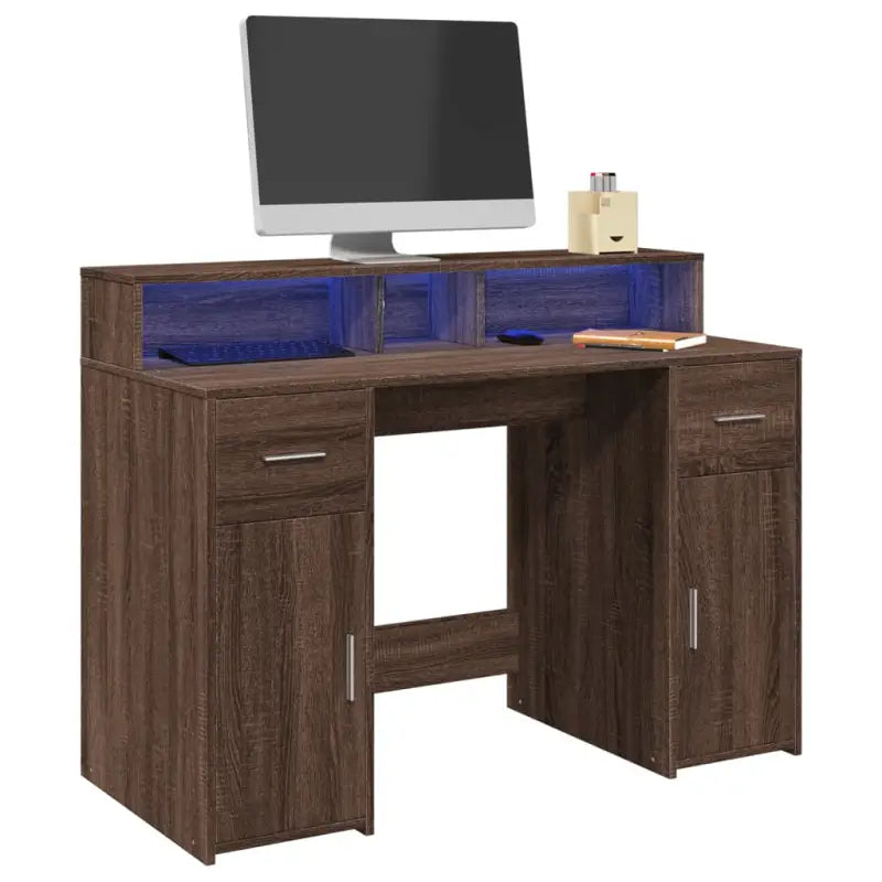 Bureau van bewerkt hout met opbergruimte en LED-verlichting - bruin eikenkleur / 120 x 55 x 91 cm - Bureaus