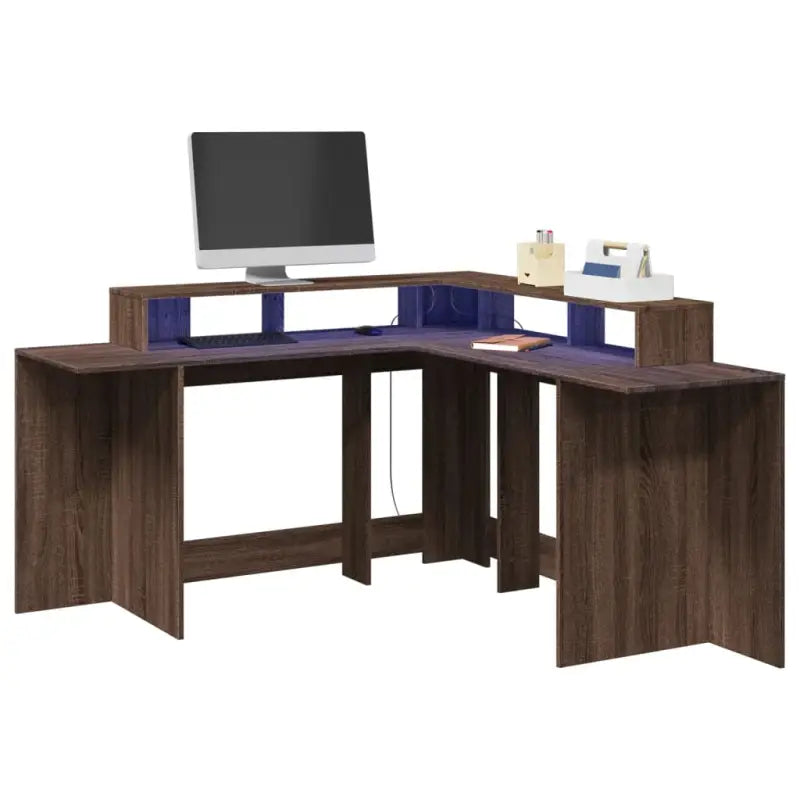 Bureau van bewerkt hout met opbergruimte en LED-verlichting - bruin eikenkleur / 152 x 152 x 91 cm - Bureaus