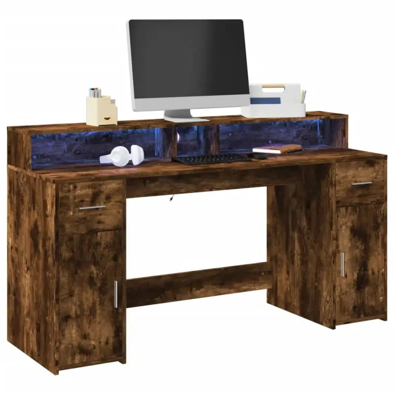 Bureau van bewerkt hout met opbergruimte en LED-verlichting - Gerookt eiken / 160 x 55 x 91 cm - Bureaus