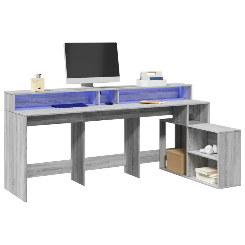 Bureau van bewerkt hout met opbergruimte en LED-verlichting - Grijs sonoma - Bureaus