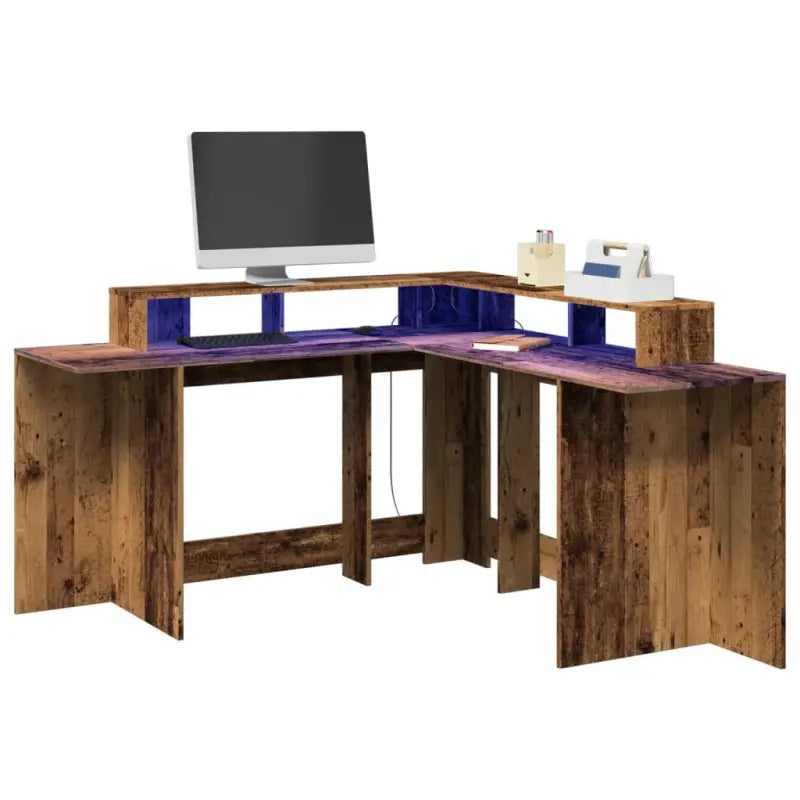 Bureau van bewerkt hout met opbergruimte en LED-verlichting - Oud hout / 152 x 152 x 91 cm - Bureaus
