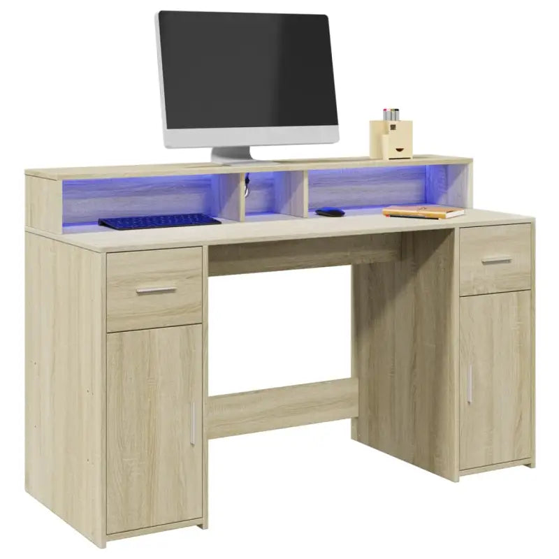 Bureau van bewerkt hout met opbergruimte en LED-verlichting - Sonoma eiken / 140 x 55 x 91 cm - Bureaus