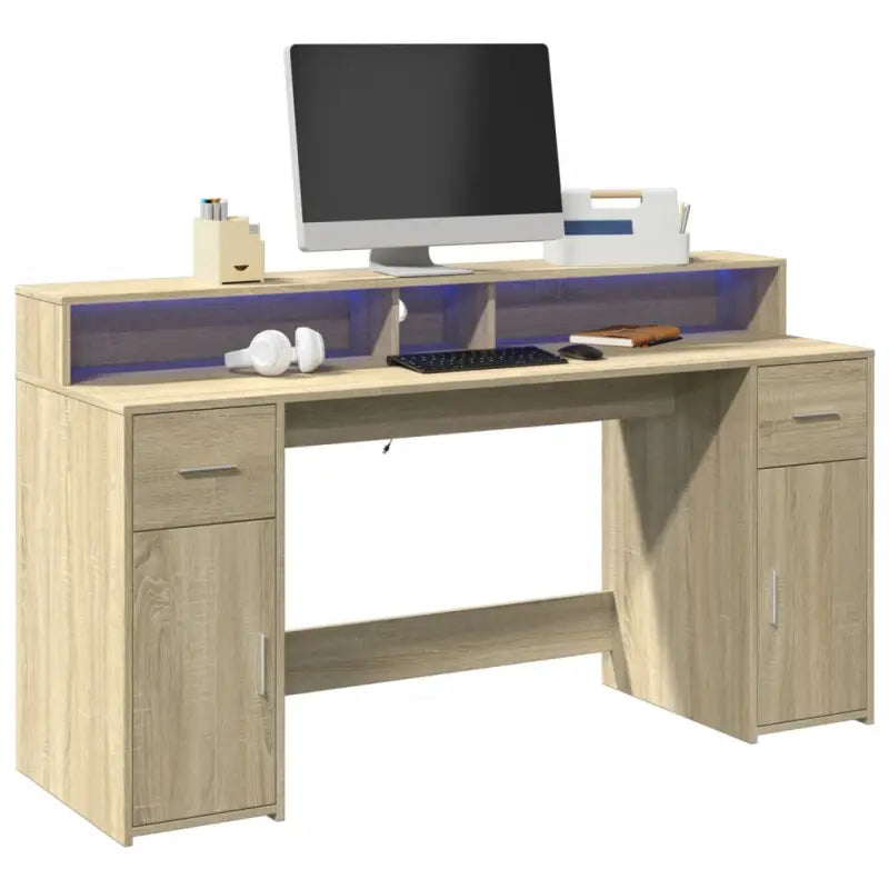 Bureau van bewerkt hout met opbergruimte en LED-verlichting - Sonoma eiken / 160 x 55 x 91 cm - Bureaus