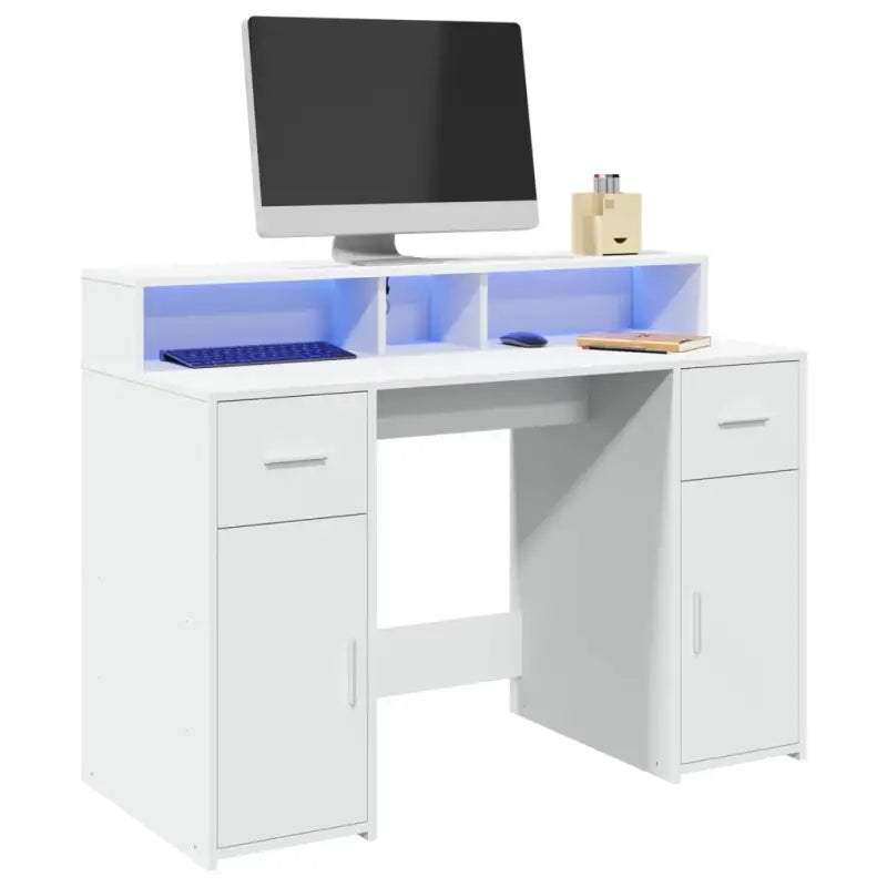 Bureau van bewerkt hout met opbergruimte en LED-verlichting - Wit / 120 x 55 x 91 cm - Bureaus