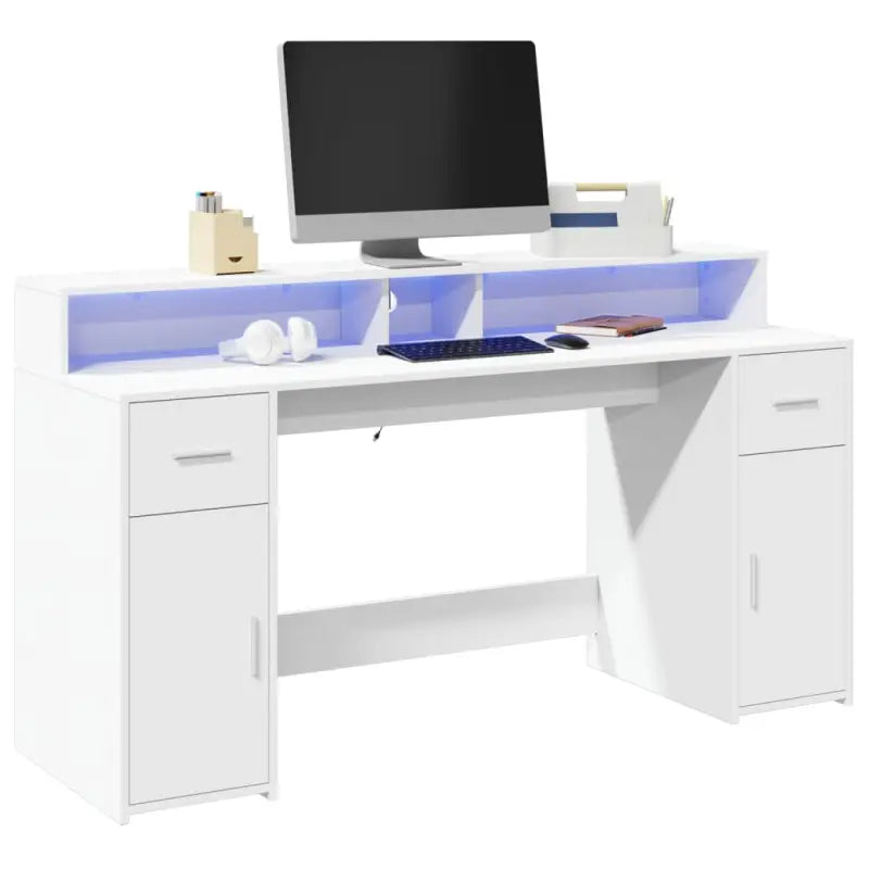 Bureau van bewerkt hout met opbergruimte en LED-verlichting - Wit / 160 x 55 x 91 cm - Bureaus