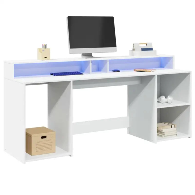 Bureau van bewerkt hout met opbergruimte en LED-verlichting - Wit / 200 x 55 x 91 cm - Bureaus