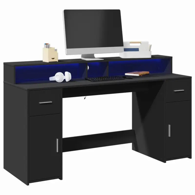 Bureau van bewerkt hout met opbergruimte en LED-verlichting - Zwart / 160 x 55 x 91 cm - Bureaus