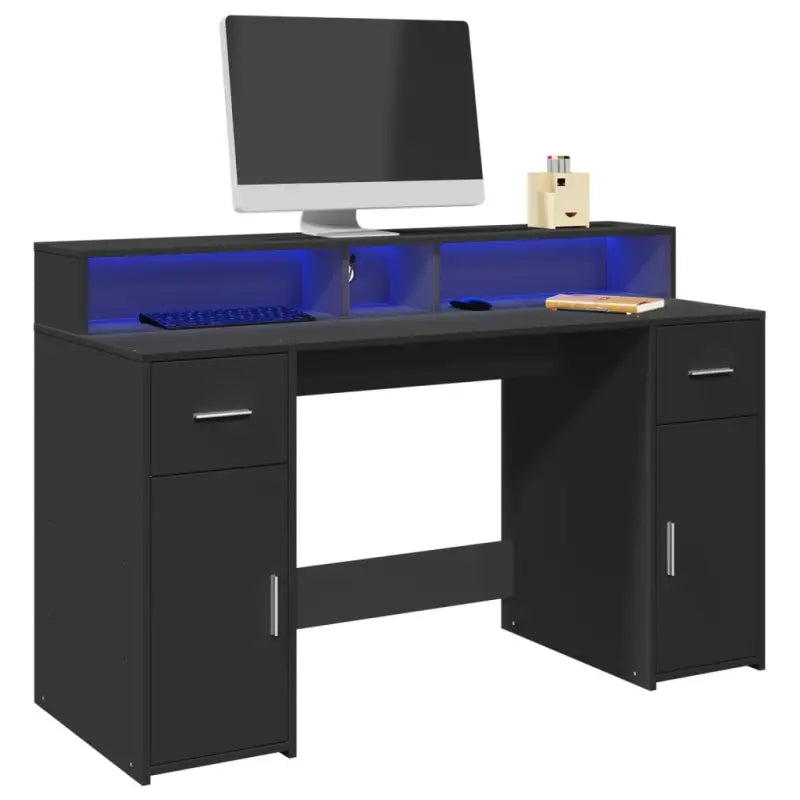 Bureau van bewerkt hout met opbergruimte en LED-verlichting - Zwart / 140 x 55 x 91 cm - Bureaus