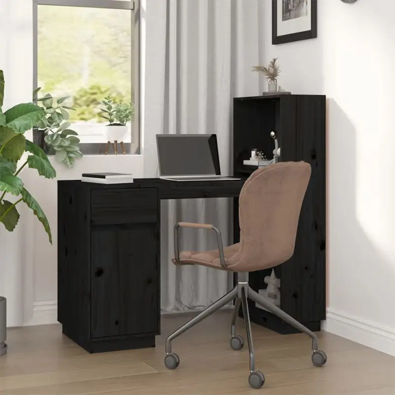 Bureau van massief grenenhout met decoratieve en praktische functies - Zwart - Bureaus