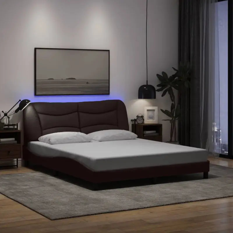 Crème bedframe met LED-verlichting en multiplex lattenbodem - Donkerbruin / 160 x 200 cm - Bedden & bedframes