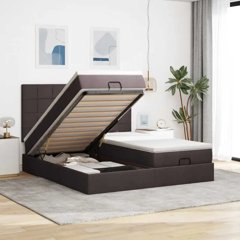 Donkerbruin ottomaans bed met ruime opbergruimte en comfort - Donkerbruin / 200 x 200 cm / Blok met vierkanten - Bedden